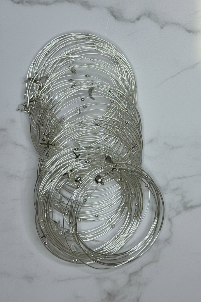 Silver Charm Wire Bangles Set with Dainty Dangling Accents