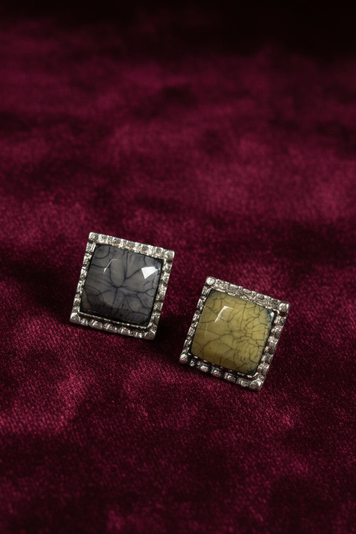 Marbled Stone Square Statement Rings with Crystal Border