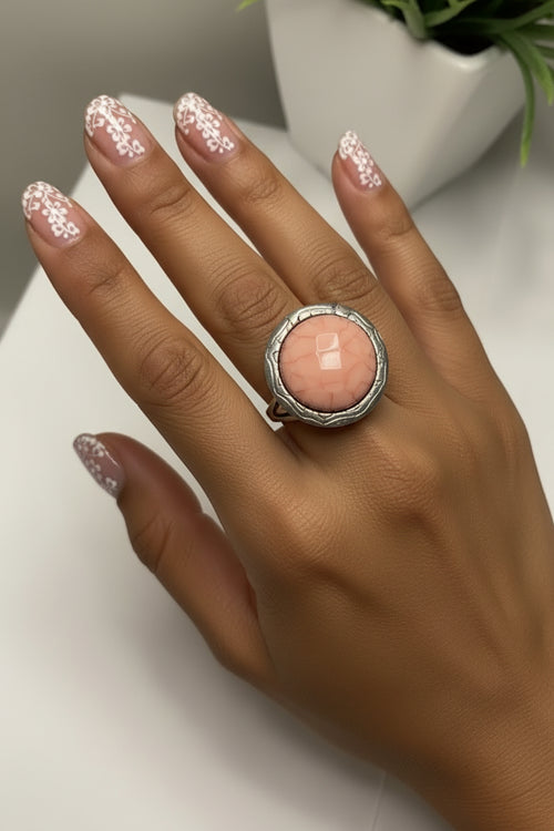 Blush Pink Stone Statement Ring in Vintage Silver Setting