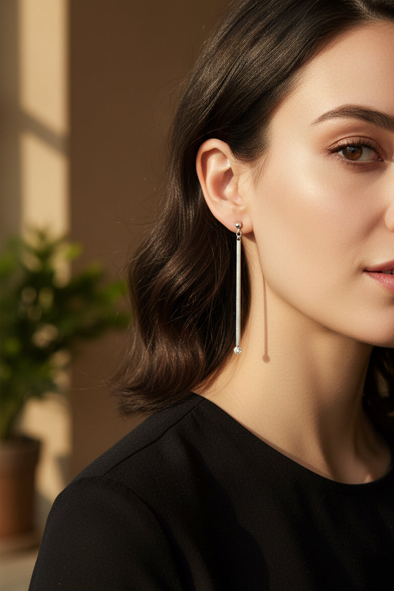 Minimalist Long Bar Drop Earrings with Crystal Tip