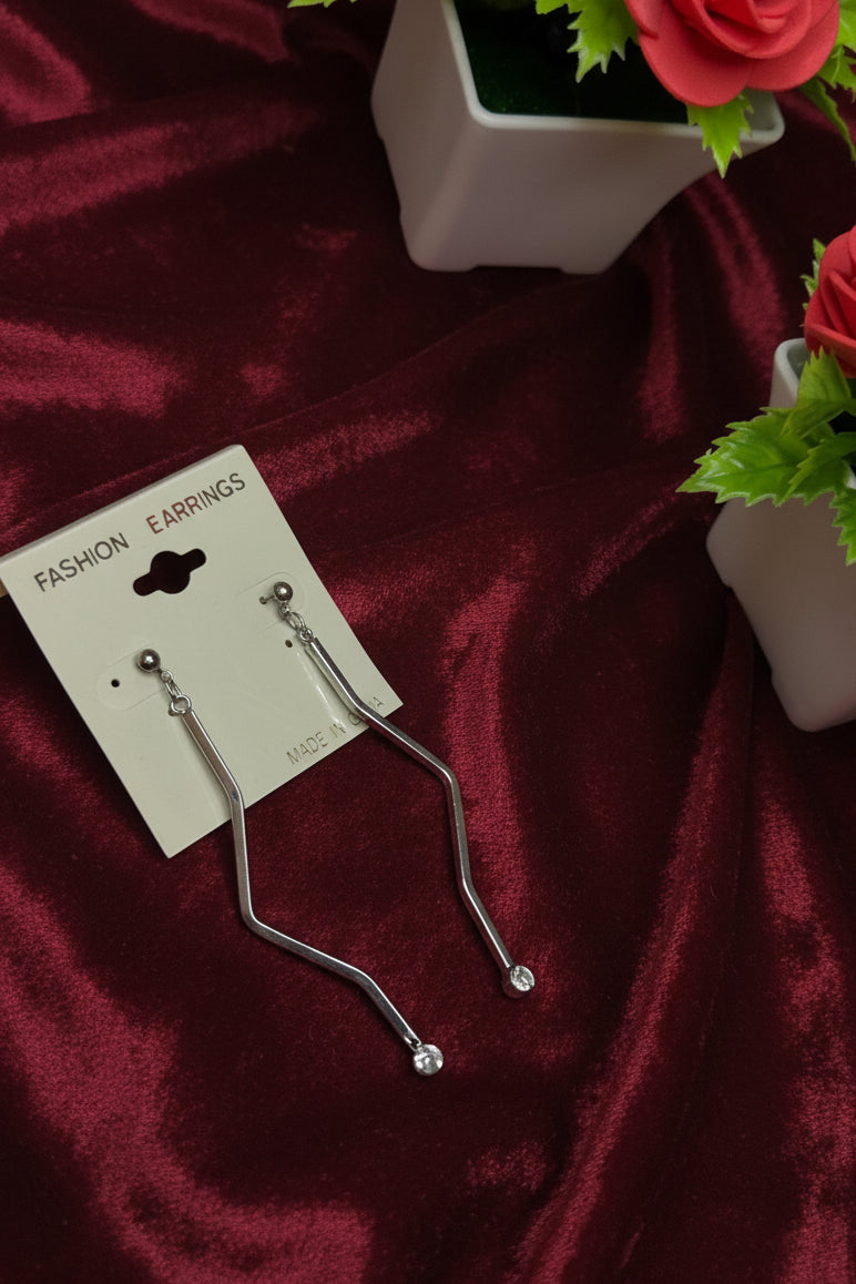 Modern Silver Geometric Drop Earrings with Crystal Ends