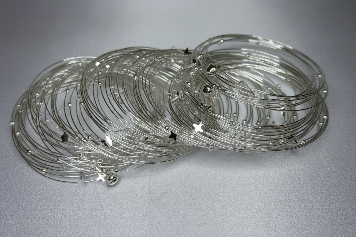 Silver Charm Wire Bangles Set with Dainty Dangling Accents