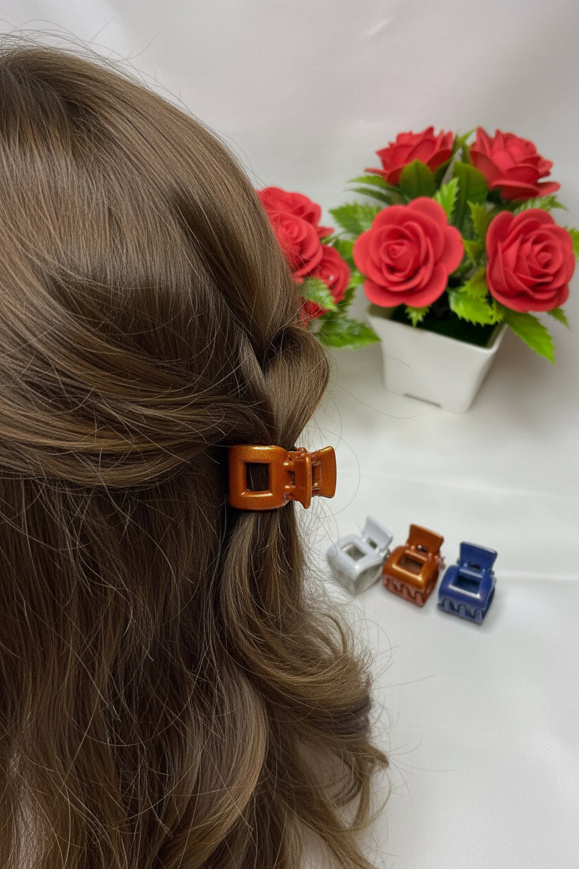 Mini Glossy Hair Claw Clips Set – 3 Colors (White, Brown & Blue)