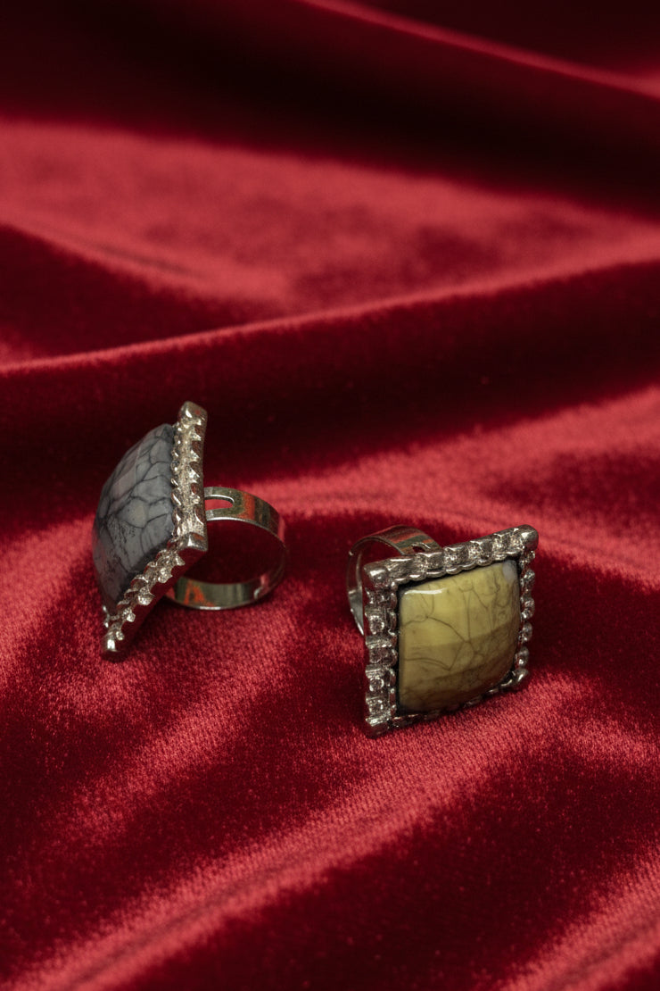 Marbled Stone Square Statement Rings with Crystal Border