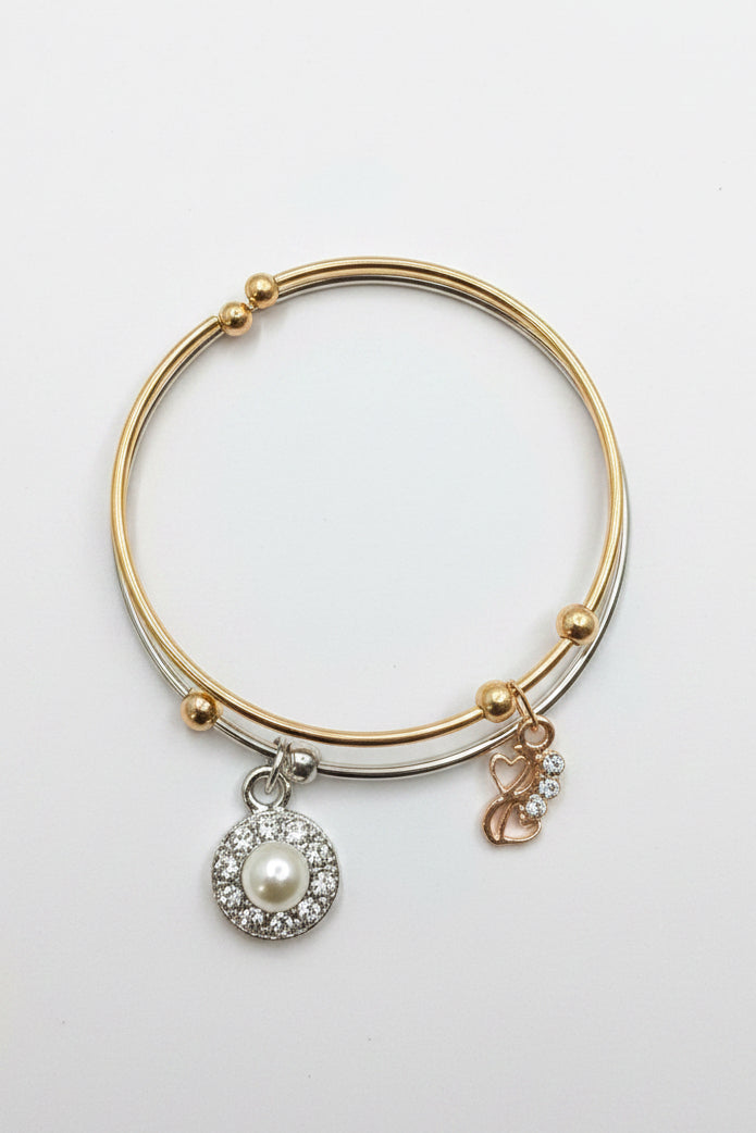 Two-piece Charm Bangle Bracelet Set with Pearl & Butterfly Pendant