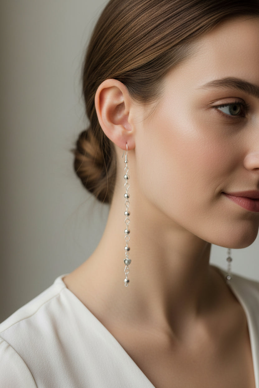 Elegant Silver Beaded Chain Drop Earrings – Mixed Charm Designs