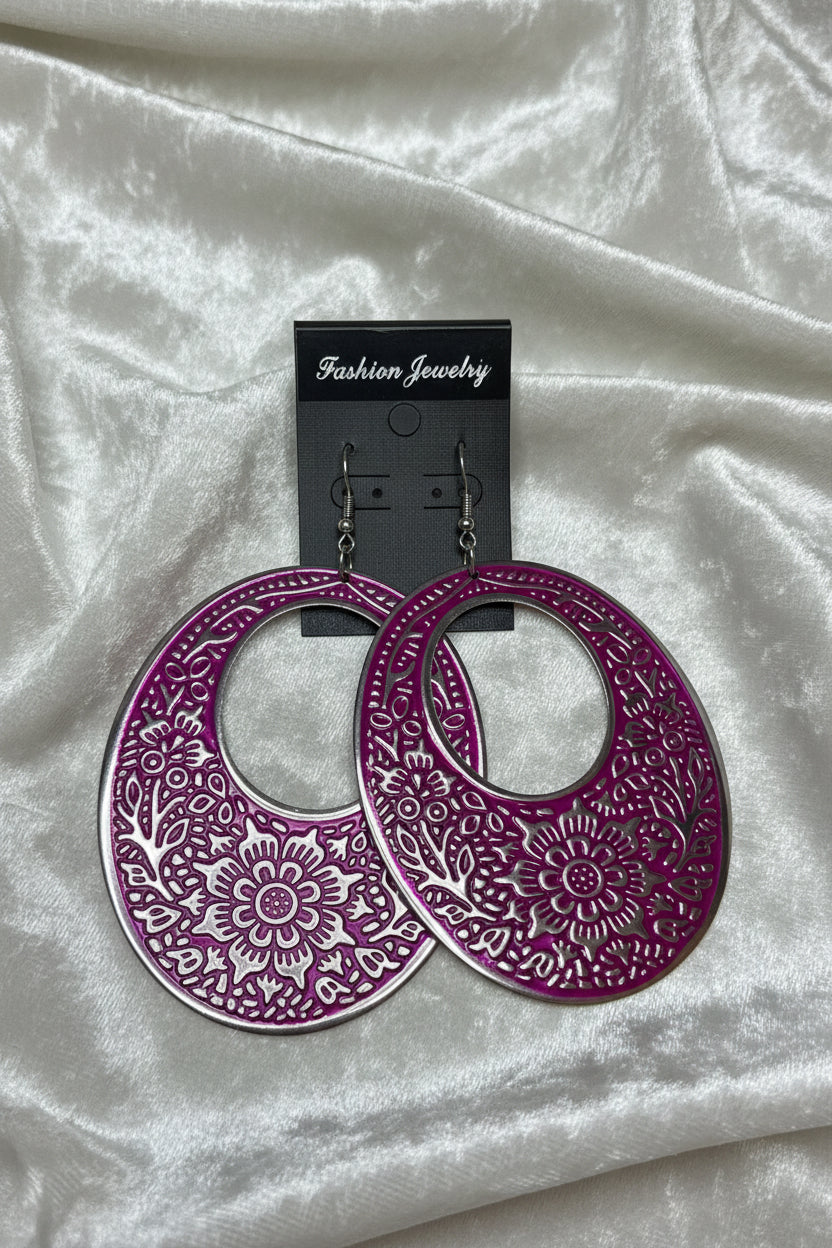 Boho Embossed Double Hoop Earrings – Statement Floral Cutout Design