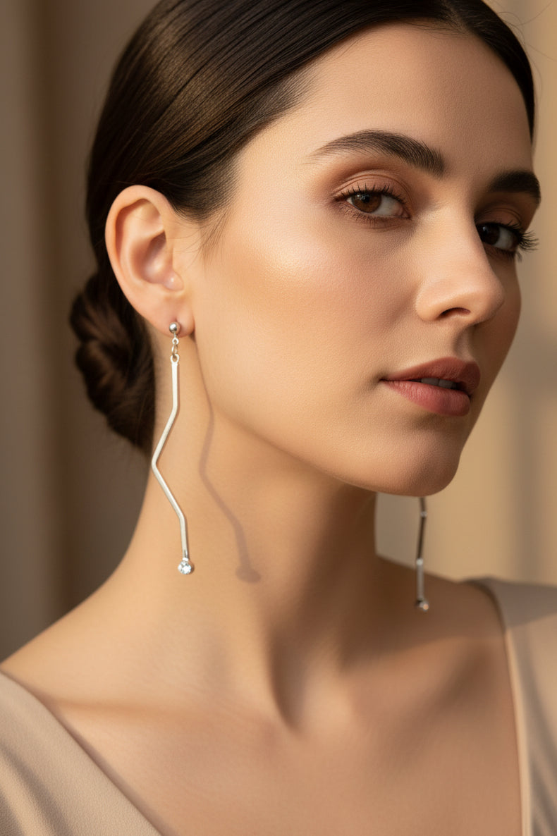 Modern Silver Geometric Drop Earrings with Crystal Ends