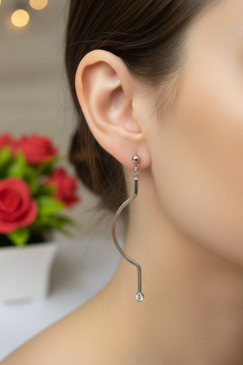 Chic Silver Abstract Loop Drop Earrings with Crystal Accents