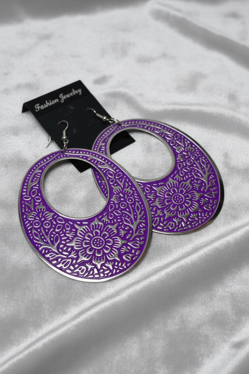 Boho Embossed Double Hoop Earrings – Statement Floral Cutout Design