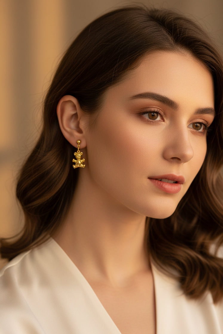 Teddy Bear Gold Drop Earrings