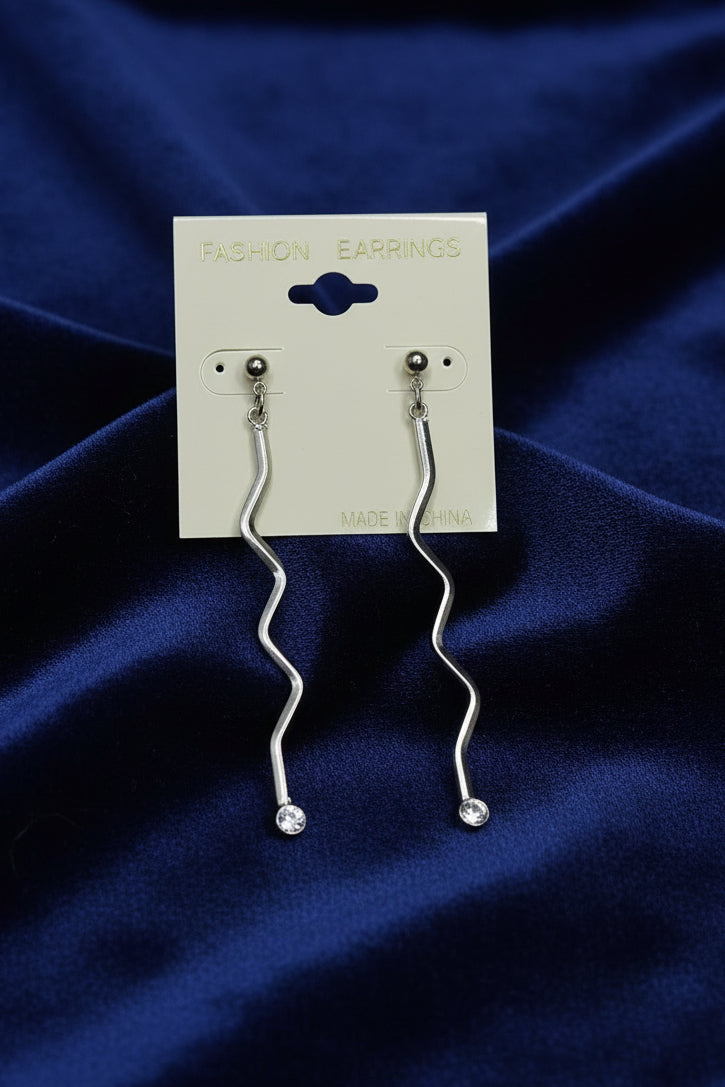 Elegant Silver Wavy Drop Earrings with Crystal Tips
