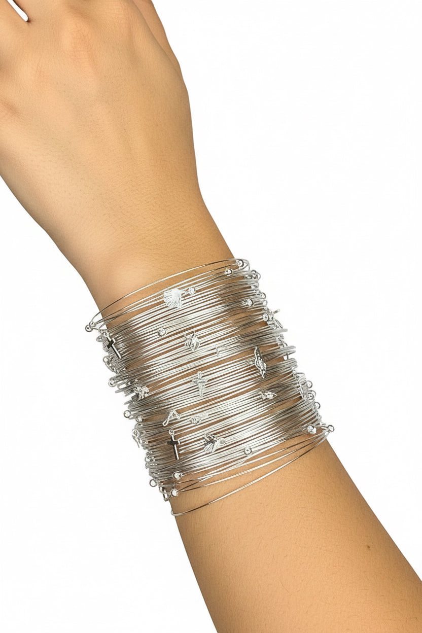 Silver Charm Wire Bangles Set with Dainty Dangling Accents