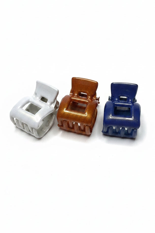 Mini Glossy Hair Claw Clips Set – 3 Colors (White, Brown & Blue)