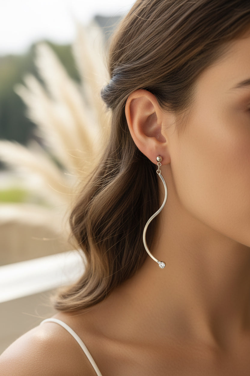 Modern Curved Drop Earrings with Crystal Accent