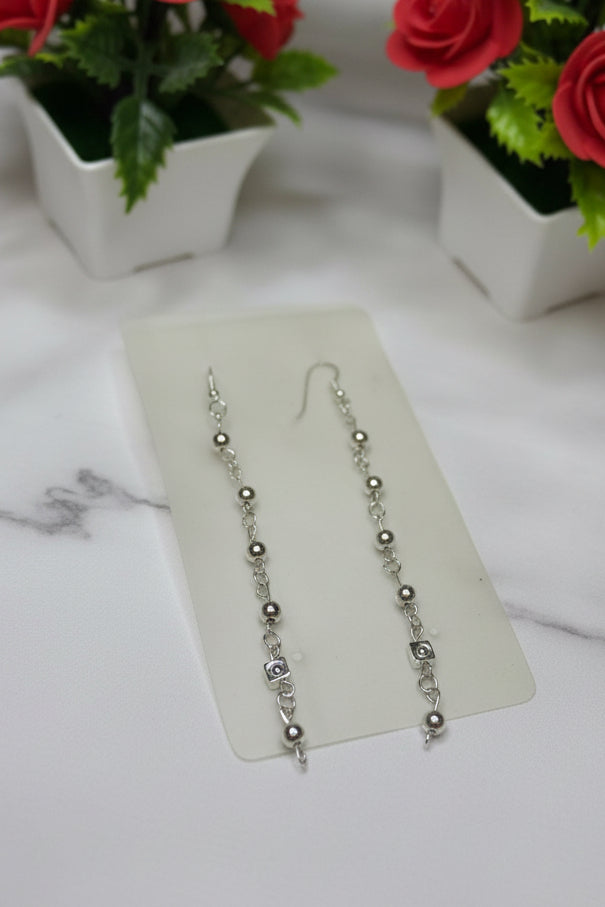 Elegant Silver Beaded Chain Drop Earrings – Mixed Charm Designs