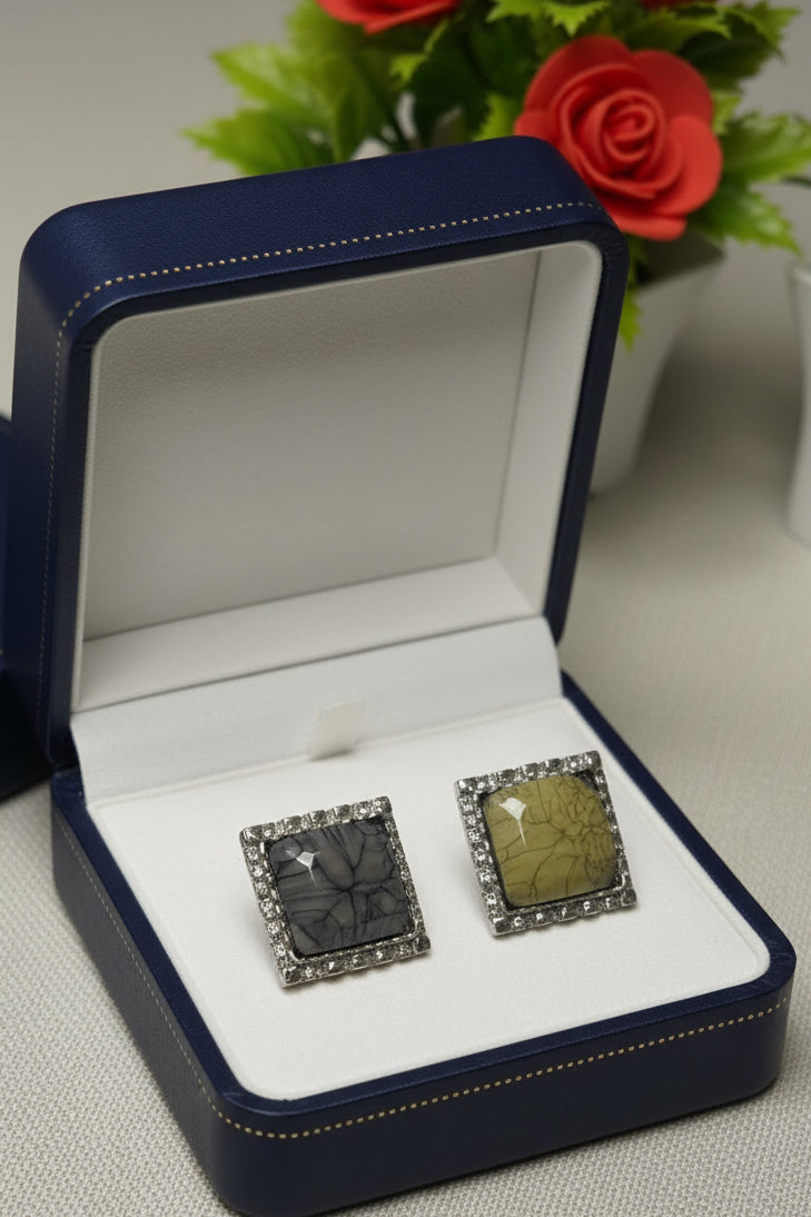 Marbled Stone Square Statement Rings with Crystal Border