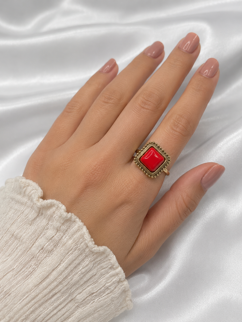Vintage-Inspired Red Square Statement Ring with Beaded Gold Frame