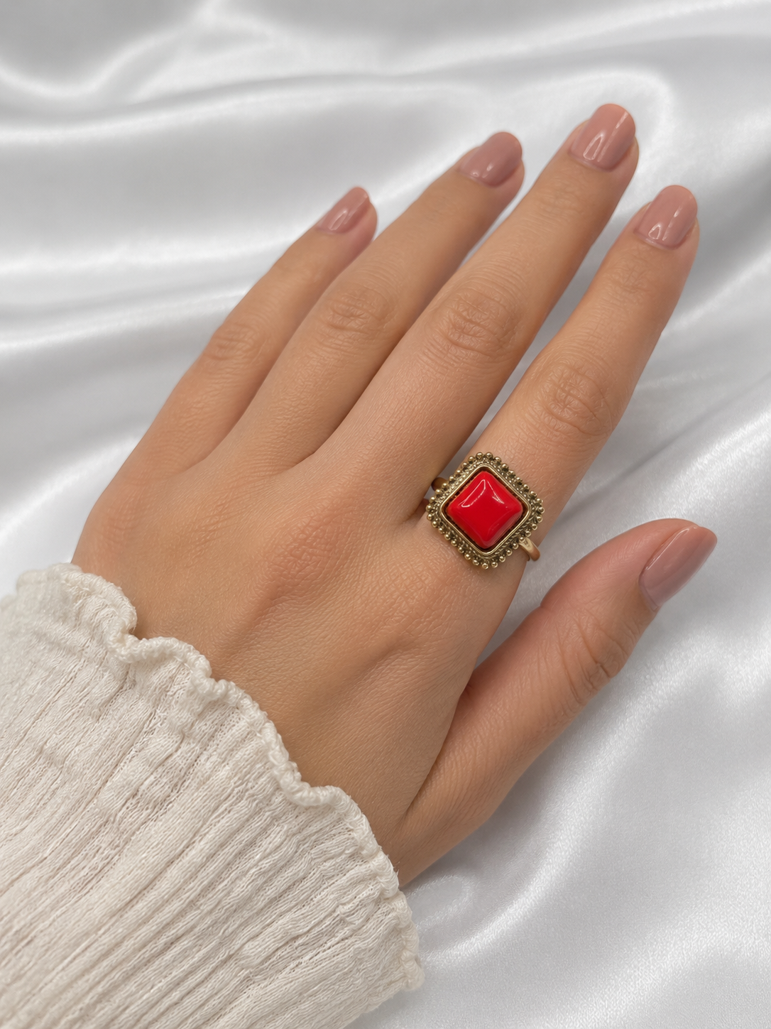 Vintage-Inspired Red Square Statement Ring with Beaded Gold Frame